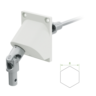Geiger Versatz - Gelenklager 90° - G120 | Grundplatte 53 x 65 mm | Links | Kurbelzapfen 11,9 mm | 6 mm Sechskant - Länge 300 mm