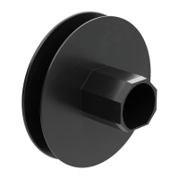 Mini-Gurtsscheibe in schwarz aus Kunststoff mit verzinktem Stift und 115 mm Durchmesser.